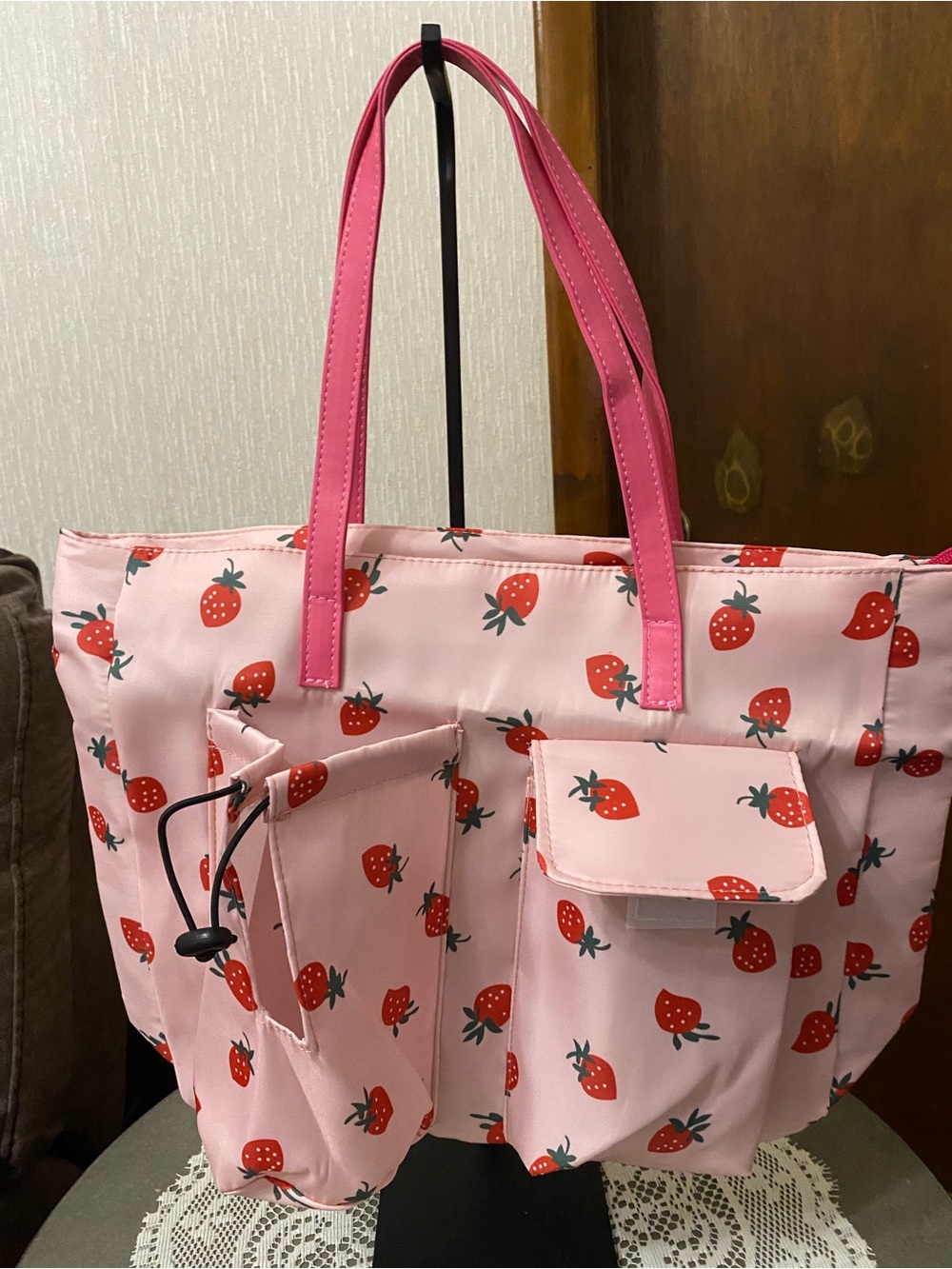 Pink Strawberry Print Tote Bag with Front Pockets - Picture 4 of 6